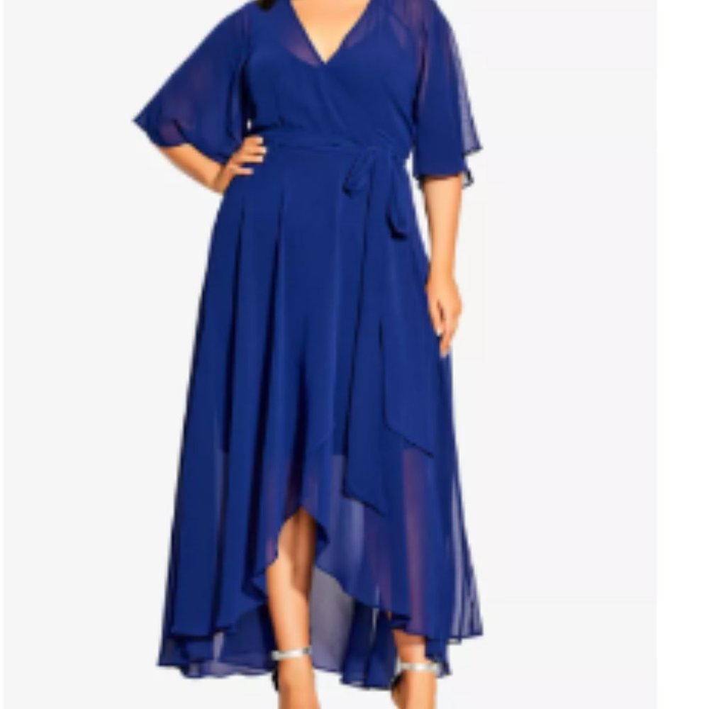 High Low Hem Royal Blue Chiffon Wrap Dress with matching Underslip Size 16